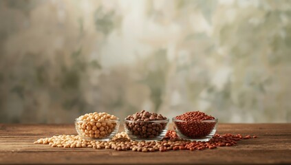 Glass jars filled with legumes placed on a retro-style backdrop, highlighting food organization and presentation
