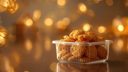 Hari Raya biscuits stored in a plastic container with lantern lighting creating a warm festive atmosphere