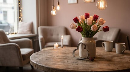 Cozy caf&eacute; setting with a bouquet of tulips in a heart-shaped holder on a wooden table