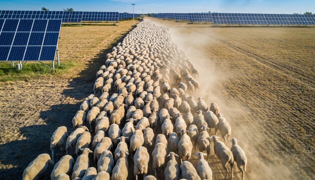 Large flock of sheep kicking up dust while walking on a rural road through a modern solar farm with photovoltaic panels, showcasing sustainable agrivoltaic farming