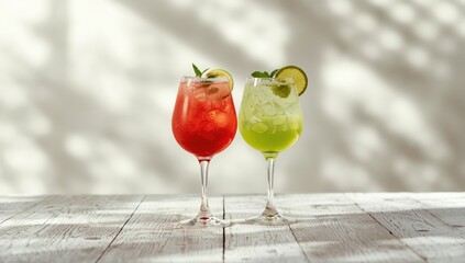 Colorful cocktail drinks with fruit garnishes set on a white summer table with textured background, ideal for menu layouts