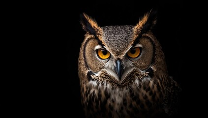 Horned owl's vivid yellow eyes in a panoramic dark setting, highlighting natural nocturnal adaptations