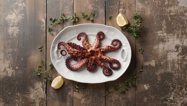 Flat lay of grilled octopus with char marks, highlighting culinary craftsmanship, World Food Day