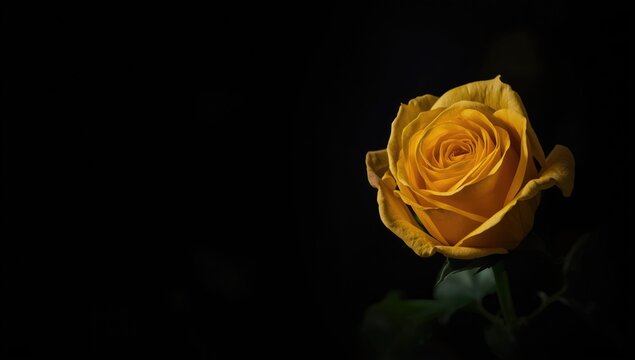 Yellow rose featuring a tiny green leaf on a dark background, ideal for text overlay or floral themes
