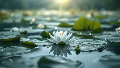 Water lily blooming on calm water with vibrant petals and reflective surface, ideal for nature-themed layout or editorial header, World Environment Day