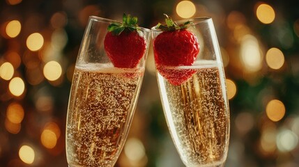 A close-up of two champagne flutes clinking, with bubbly liquid and a strawberry, soft bokeh lights in the background, celebratory, 8k, realistic, full ultra HD, high resolution, cinematic photography