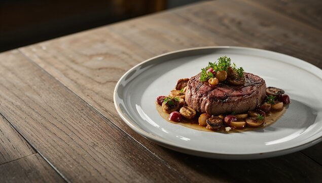 Venison fillet served with forest berries and mushrooms on a modern plate, food freshness, seasonal change