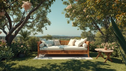 Terrace with a wooden daybed designed for outdoor lounging, highlighting weather-resistant materials