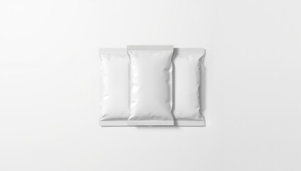 Studio shot of medicine powder packets with blank labels, used for packaging mockup, focusing on safety standards, World Health Day