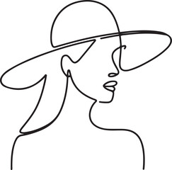 Woman in hat vector one line art. Line illustration. Minimalist print. Black and white. one line Art icon drawing