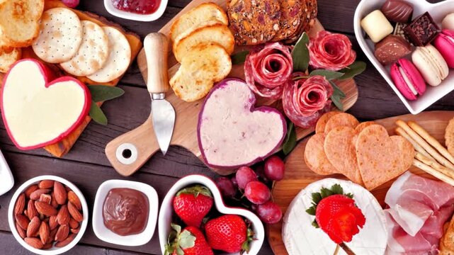 Valentine's Day theme charcuterie table scene against a dark wood background. Slow rotating zoom motion. Assorted cheese, meat, fruit and sweet appetizers. Top down view.