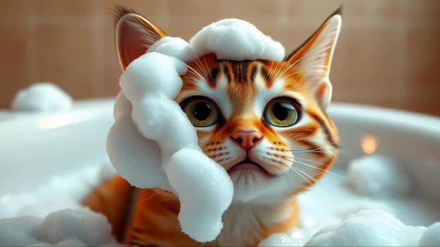 A fluffy cat sits in a bathtub filled with bubbles, wearing a playful foam crown. The warm lighting creates a peaceful atmosphere, making it a relaxing moment for the pet.