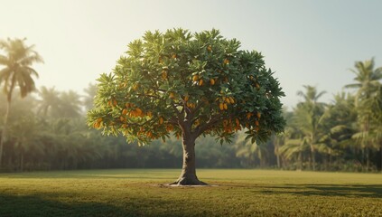 Ripening papaya on a lush tree, fruit production in tropical cultivation