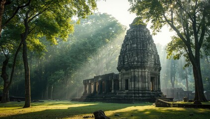 Fototapeta premium Old religious temple constructed from stone amid lush greenery, showcasing heritage preservation