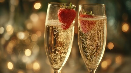 A close-up of two champagne flutes clinking, with bubbly liquid and a strawberry, soft bokeh lights in the background, celebratory, 8k, realistic, full ultra HD, high resolution, cinematic photography