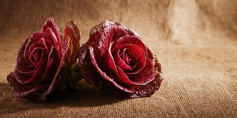 Two crisp organic red gem lettuce heads placed on a hessian cloth, ideal for healthy eating or farm marketing visuals