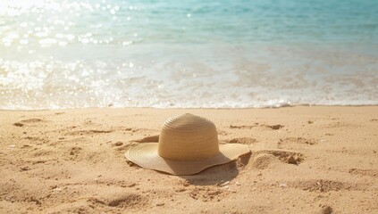 Straw hat placed on sandy shoreline, casual summer fashion and sun safety