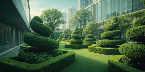 Contemporary garden with geometric patterns and neatly shaped shrubbery alongside modern building architecture, highlighting outdoor landscaping