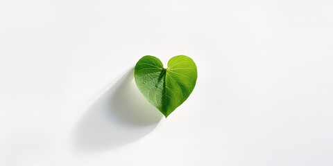 Single green leaf shaped like a heart on white backdrop, highlighting botanical simplicity