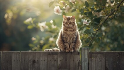 Grumpy cat perched on a wooden fence, illustrating animal frustration or boredom, capturing natural outdoor setting