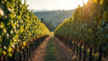 Black nebbiolo grapevines with green foliage in a vineyard during pre-harvest period, agricultural maintenance in September