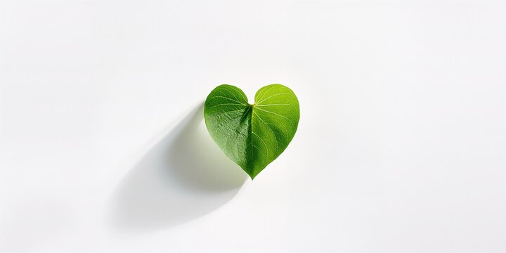 Single green leaf shaped like a heart on white backdrop, highlighting botanical simplicity