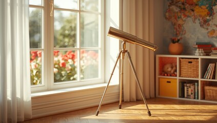 Bedroom scene featuring a telescope by the window, highlighting exploration and learning, World Astronomy Day