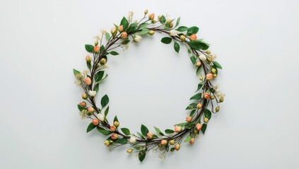Circular floral wreath composed of flower buds, branches, and leaves for decorative use, floral arrangement design