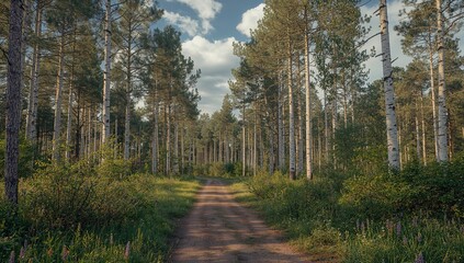 Obraz premium Rekyva woodland featuring pine and birch trees with blueberry bushes under sunny summer sky, nature, seasonal change