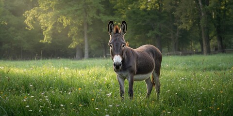 Donkey grazing on grass in a woodland clearing, highlighting rural farm activity