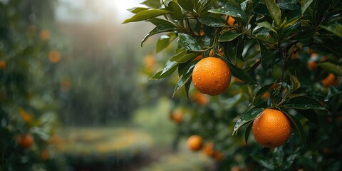 Ripe oranges on tree branches in an orange garden, seasonal harvest and orchard maintenance