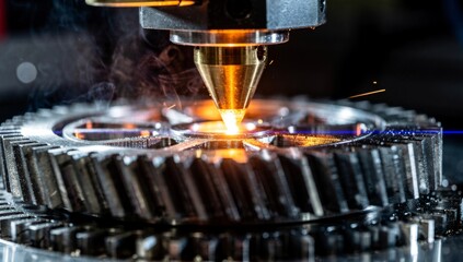 Industrial 3D Printer Nozzle Creating Complex Metal Component. Represents additive manufacturing, industry 4.0, and engineering innovation.