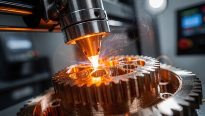 Industrial 3D Printer Nozzle Creating Complex Metal Component. Represents additive manufacturing, industry 4.0, and engineering innovation.