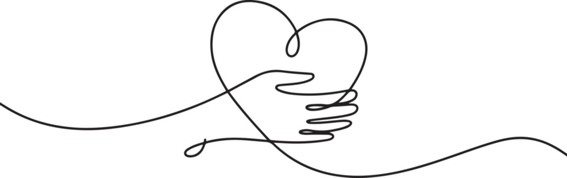 continuous line drawing of hand hugging heart, hug. one line Art icon drawing