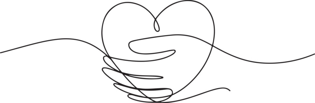 continuous line drawing of hand hugging heart, hug. one line Art icon drawing