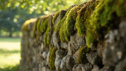 Ancient stone wall with moss growth serving as a textured background for architectural or landscape projects, preservation
