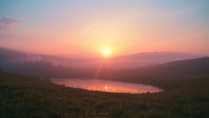 Early morning with foggy sunrise during late summer, highlighting natural weather patterns
