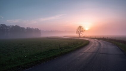 Morning light over a rural road in spring with mist, seasonal change for landscape and nature photography, Earth Day