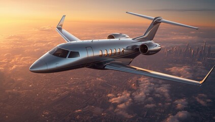 Luxury aircraft flying above an urban area at dusk, highlighting rapid travel for business professionals