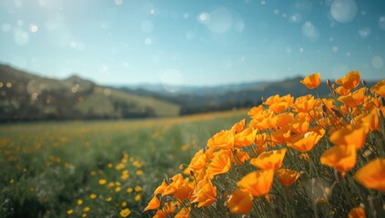 Bright orange California poppies in a large-scale super bloom, suitable for floral pattern backgrounds