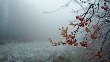 Berries and dry leaves on branches covered with fog during autumn, seasonal change awareness