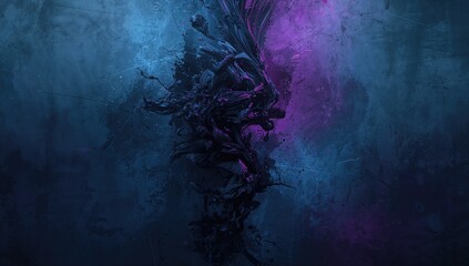 Abstract whirlwind design on a dark blue purple acrylic paint palette surface with dust scratches grain noise, used as a textured art background