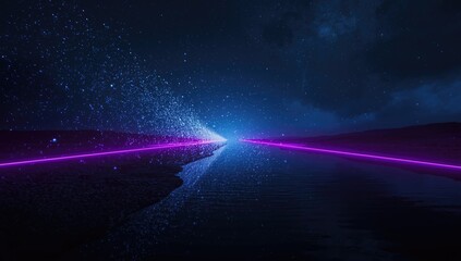 Nighttime setting featuring shimmering particles and water reflections, creating a mystical sci fi ambiance