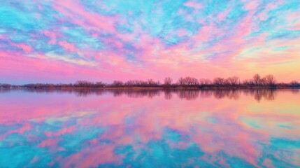 Bright colors in the sky reflected on a calm body of water at sunset