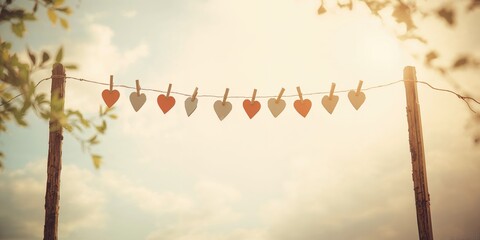 Clothesline with heart-shaped clothespins holding garments, serving as a background for textiles and layout design, World Heart Day