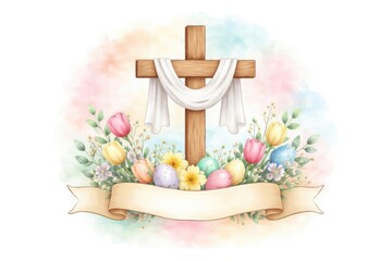 Easter themed Christian cross clipart with soft watercolor border and ribbon banner