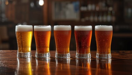 Close-up of different draught beer glasses on a wooden bar, highlighting beverage diversity and pub environment