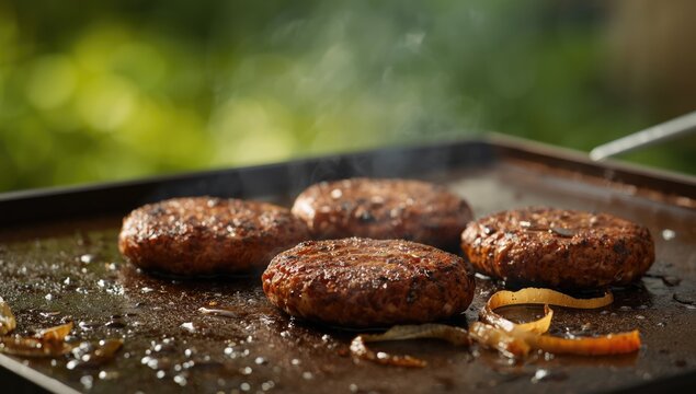 Flat-top griddle with beef patties in preparation for grilling, focused on cooking process