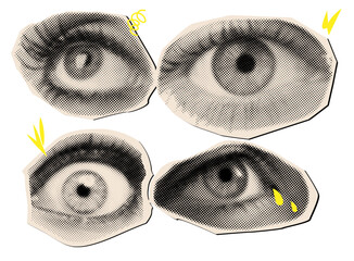 Set of female surprised eyes with retro halftone style,cut out elements for collage design