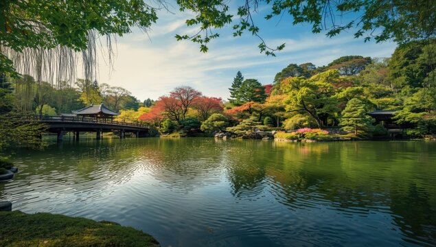 Landscaped garden pond during summer with trees, grass, and forest backdrop, highlighting seasonal travel scenes